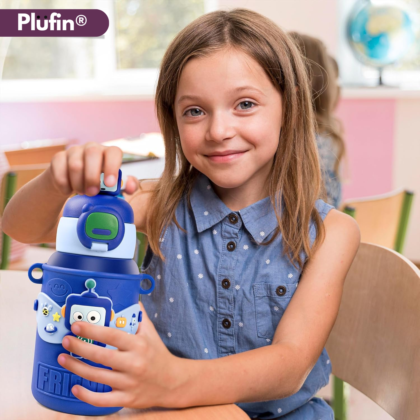 Plufin™ SipBuddy – Cute Kids Water Bottle with Spill-Proof Lid Dark Blue (500ml)