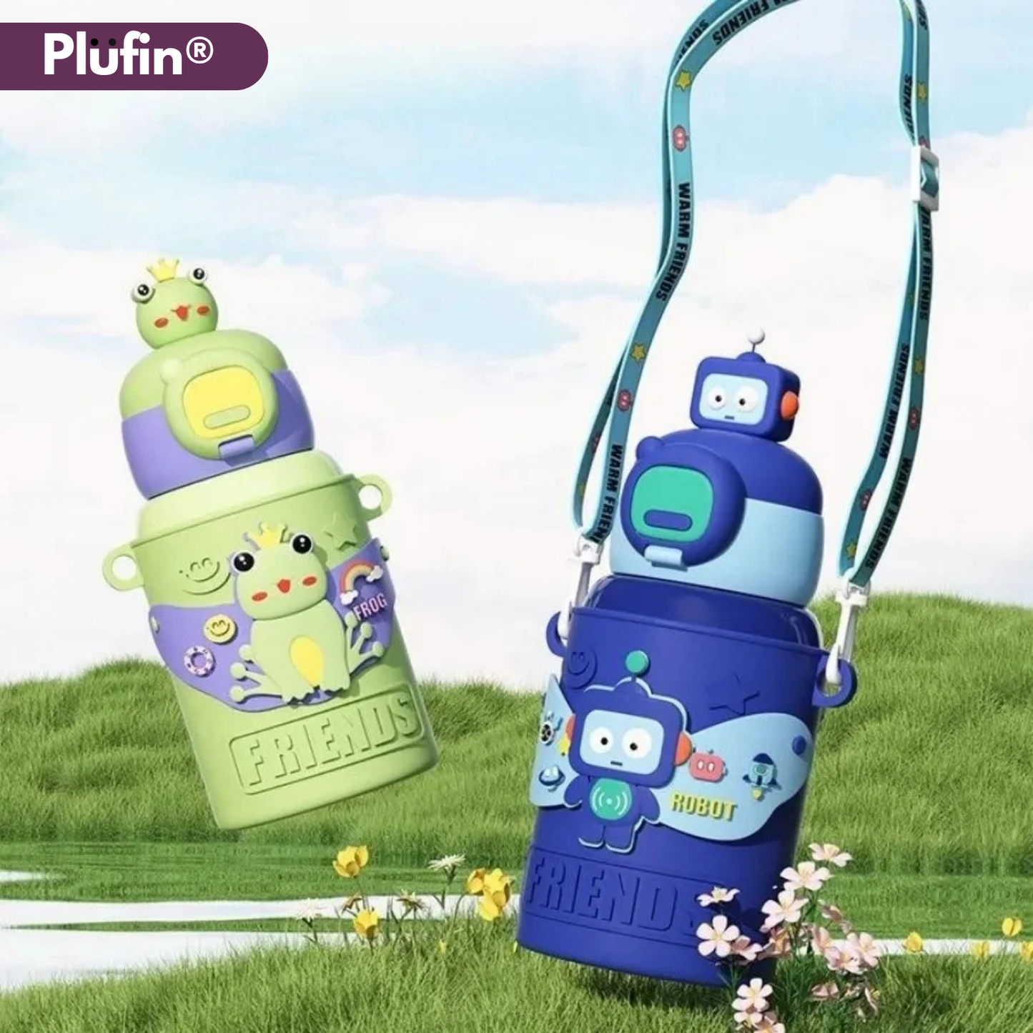 Plufin™ SipBuddy – Cute Kids Water Bottle with Spill-Proof Lid Dark Blue (500ml)