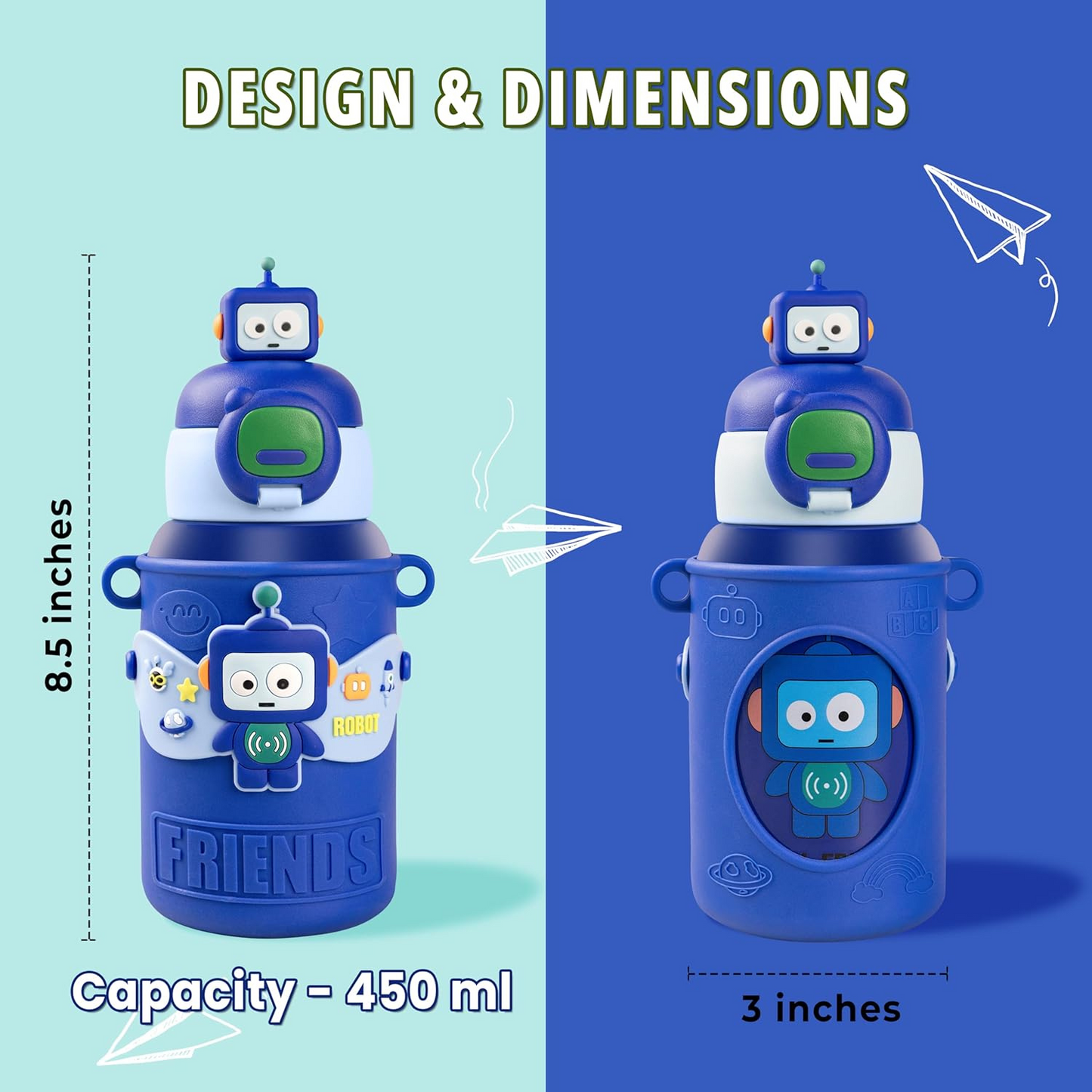 Plufin™ SipBuddy – Cute Kids Water Bottle with Spill-Proof Lid Dark Blue (500ml)