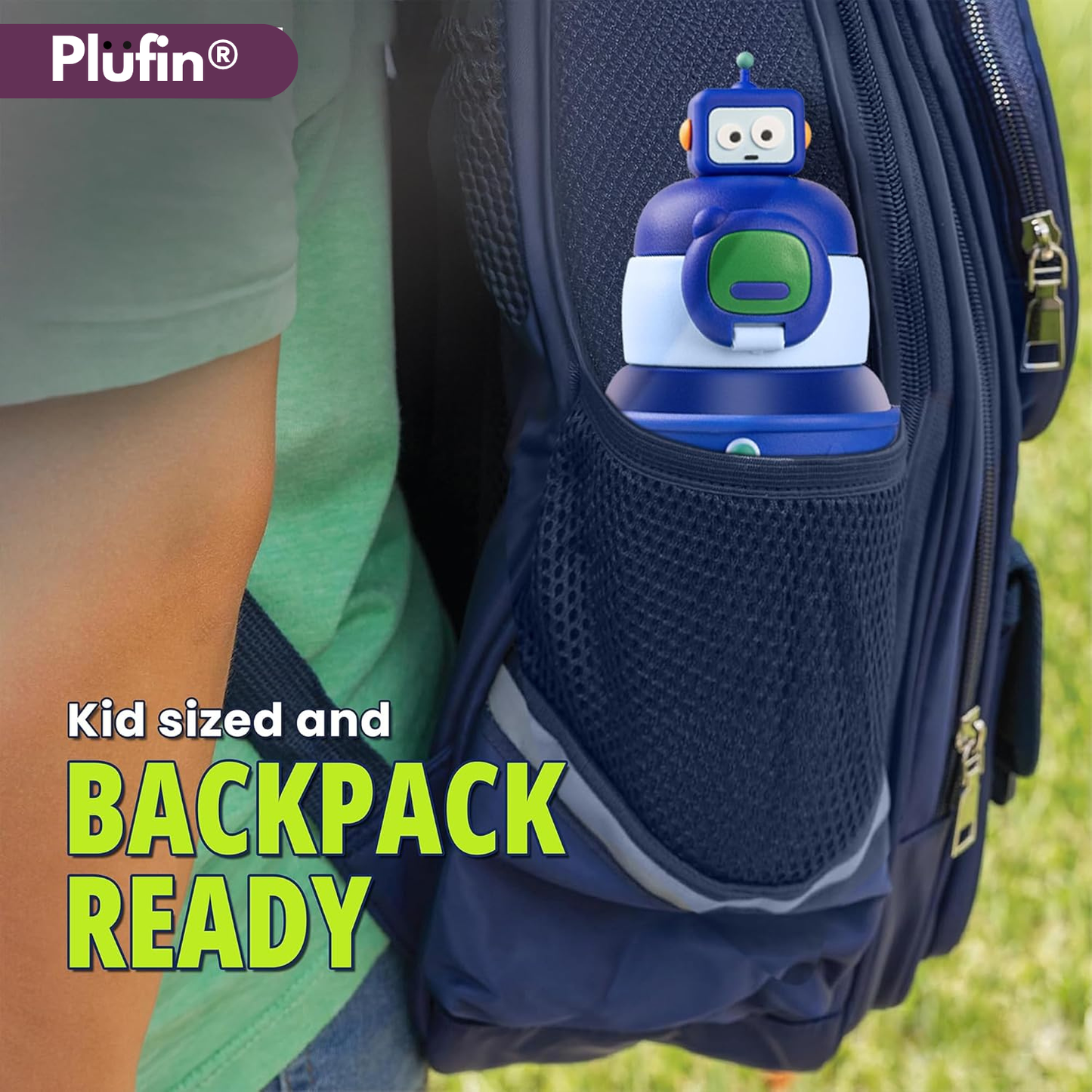 Plufin™ SipBuddy – Cute Kids Water Bottle with Spill-Proof Lid Dark Blue (500ml)