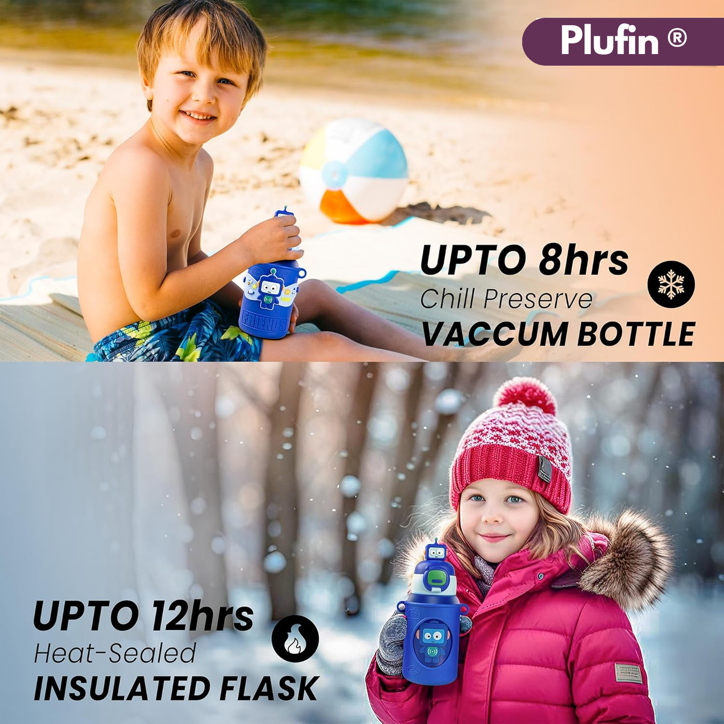 Plufin™ SipBuddy – Cute Kids Water Bottle with Spill-Proof Lid Dark Blue (500ml)