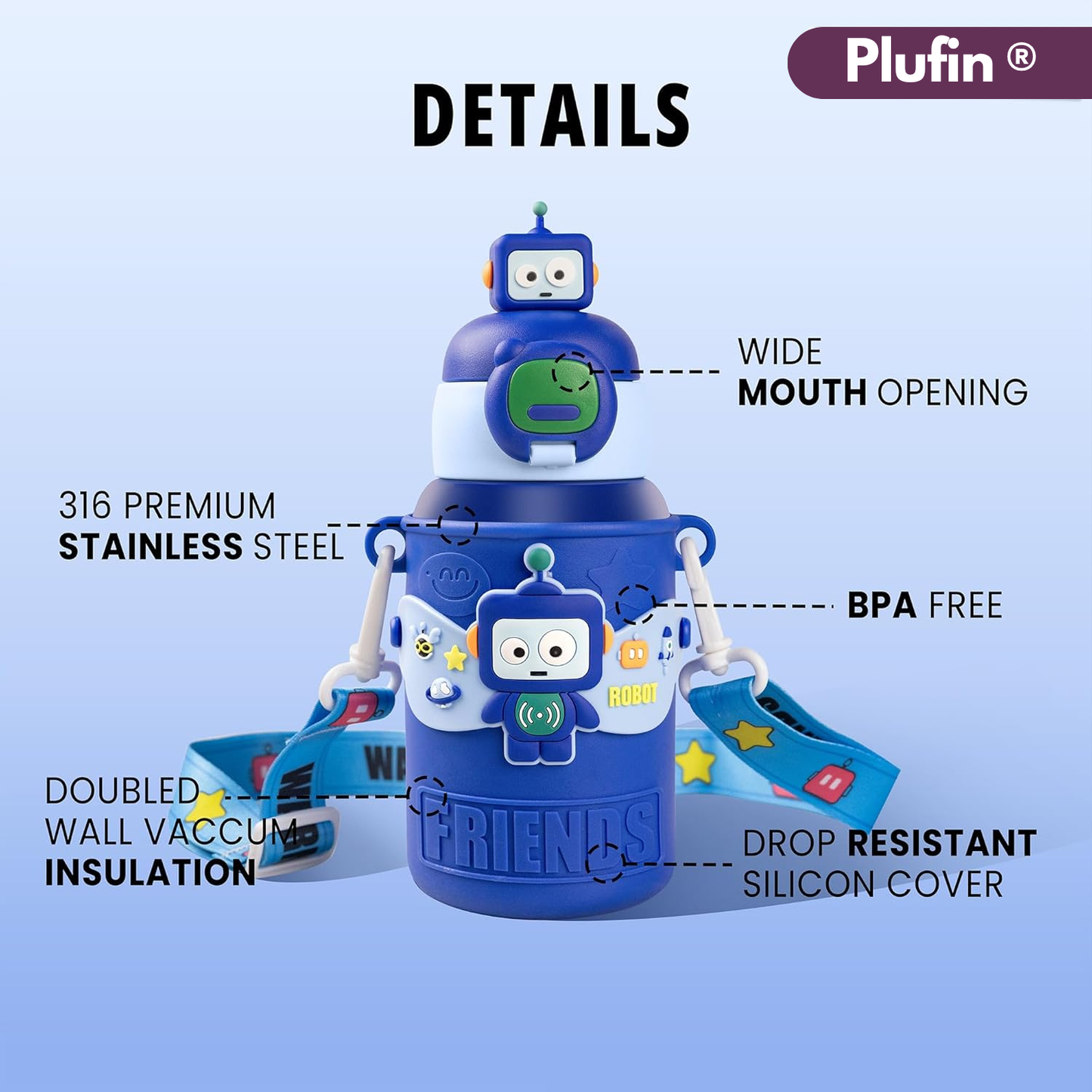 Plufin™ SipBuddy – Cute Kids Water Bottle with Spill-Proof Lid Dark Blue (500ml)
