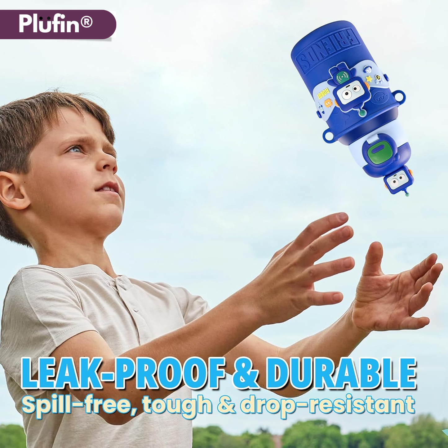 Plufin™ SipBuddy – Cute Kids Water Bottle with Spill-Proof Lid Dark Blue (500ml)