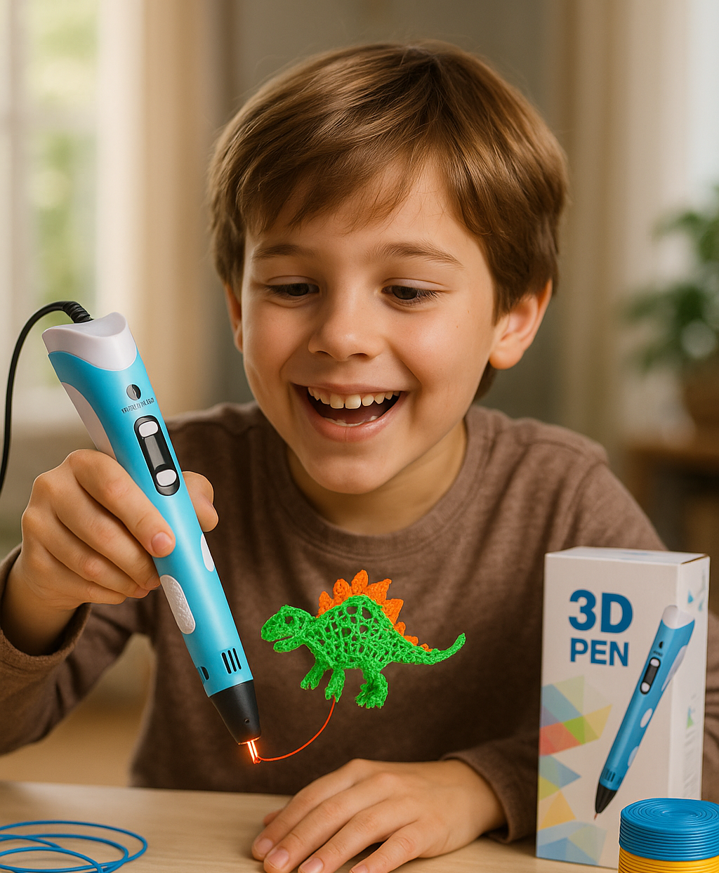 Child using a 3D pen to create a dinosaur model with a 3D pen box in the background.