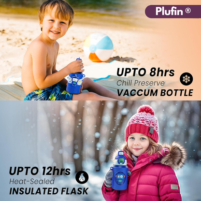 Plufin™ SipBuddy – Cute Kids Water Bottle with Spill-Proof Lid Dark Blue (500ml)