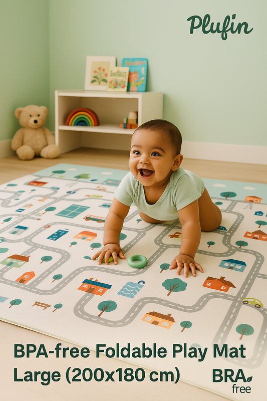 Plufin™ Extra Lage Foldable Baby Play Mat 6.5x5 ft – BPA Free, Reversible & Waterproof