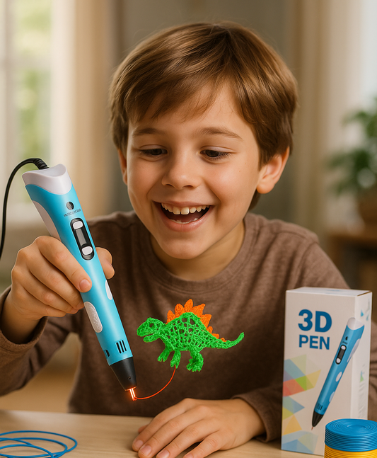 Child using a 3D pen to create a dinosaur model with a 3D pen box in the background.