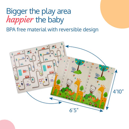 Plufin™ Extra Lage Foldable Baby Play Mat 6.5x5 ft – BPA Free, Reversible & Waterproof